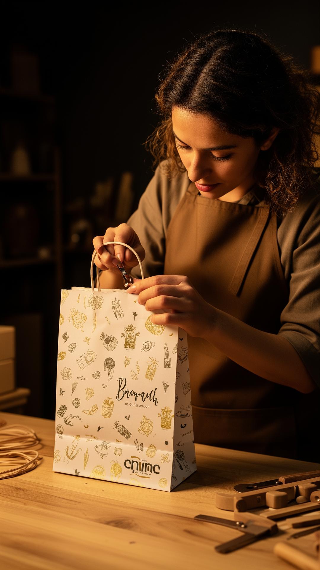 Artesã da Mara Serigrafia finalizando uma sacola personalizada