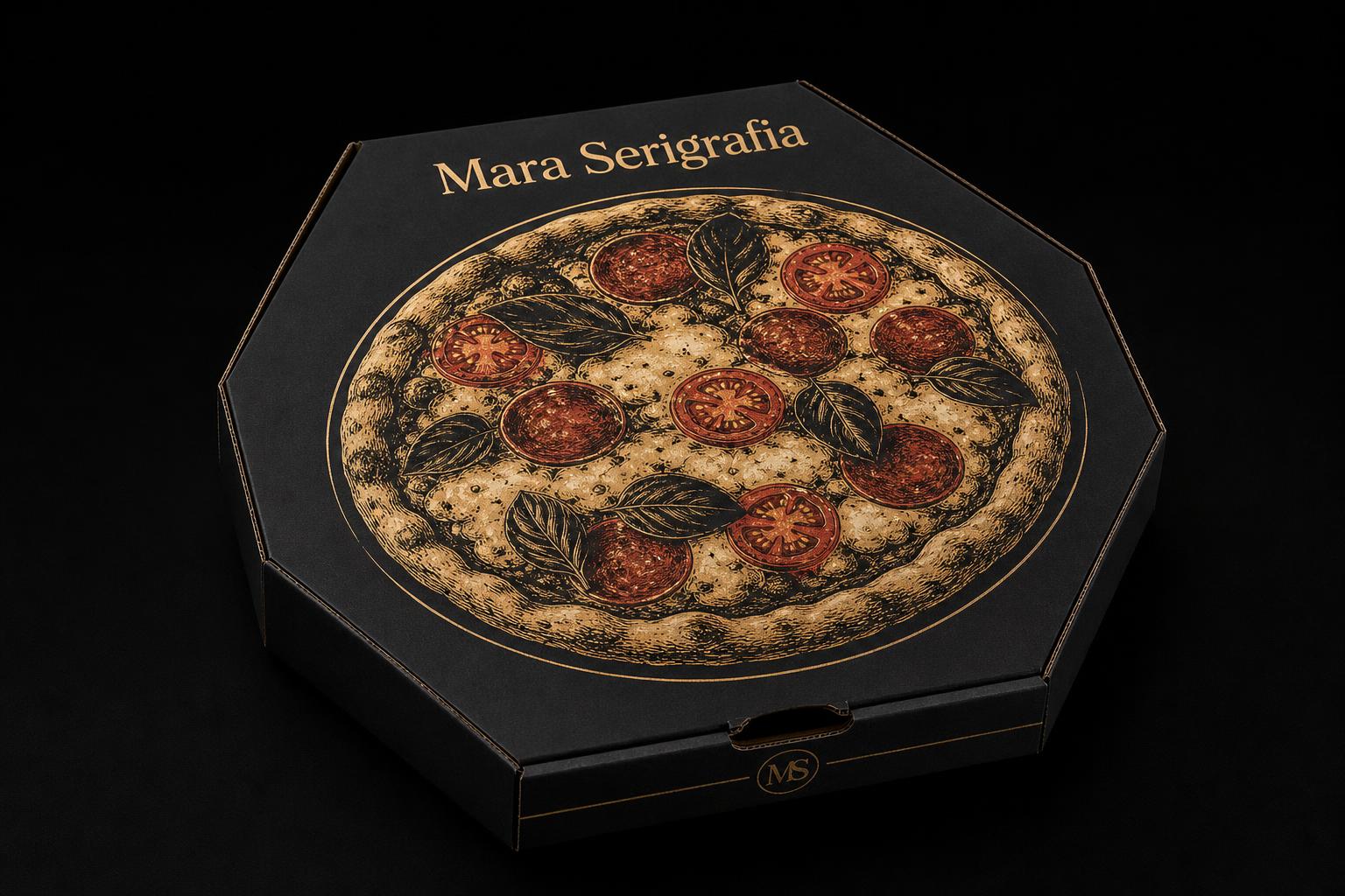 Caixa de pizza premium preta com serigrafia dourada