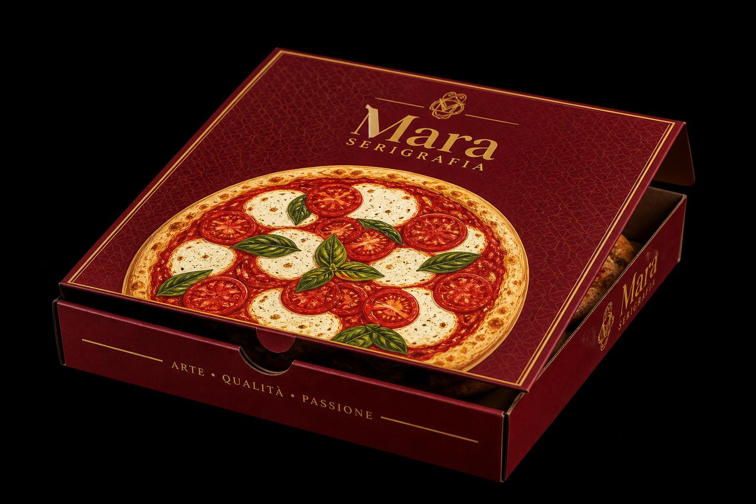 Caixa de pizza personalizada vermelha e dourada